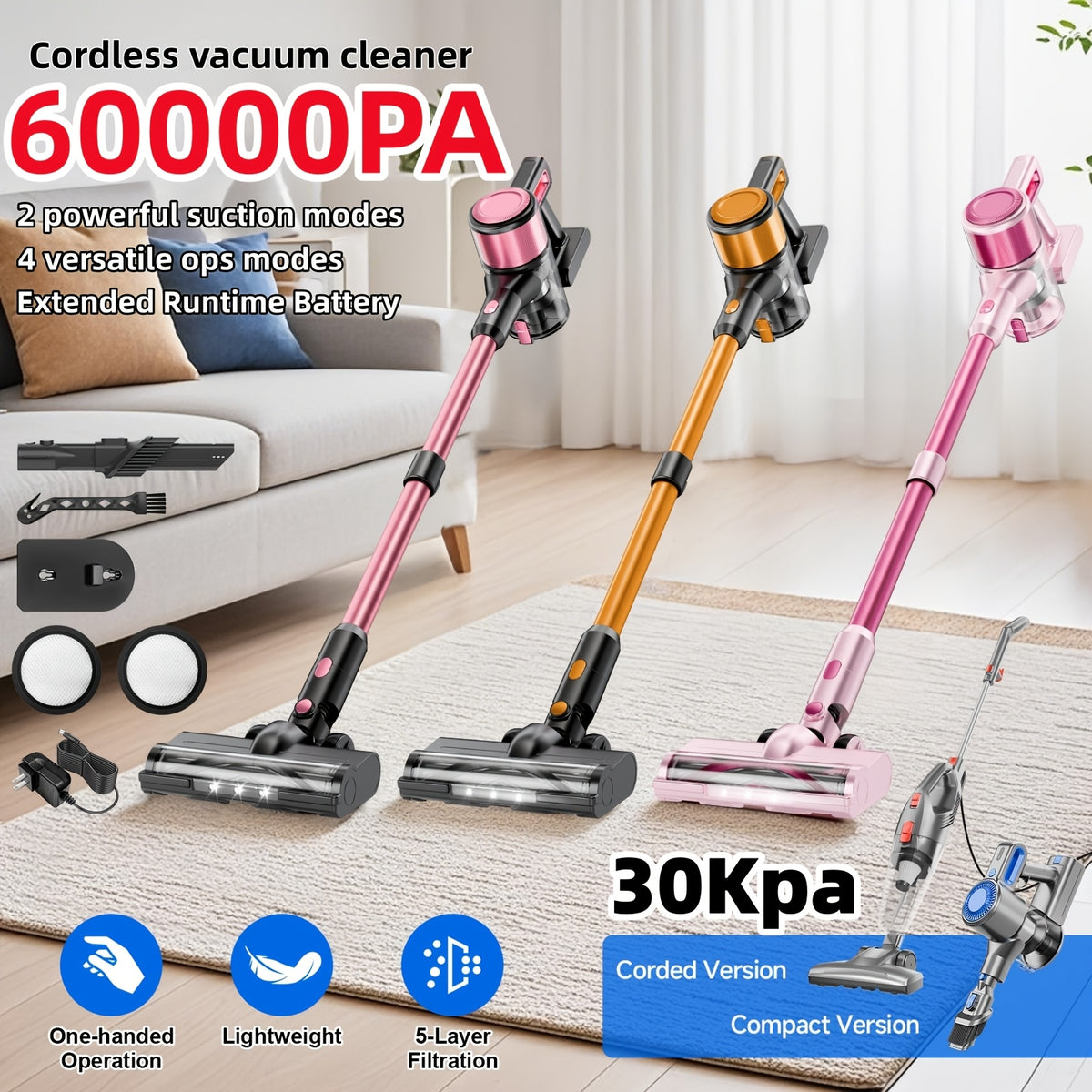 30-60Kpa Stick Vacuum Cleaner Cordless & Corded 55Min Runtime Anti-Tangle Lightweight Handheld for Hardwood Floor Carpet Pet Hair 5 Colors