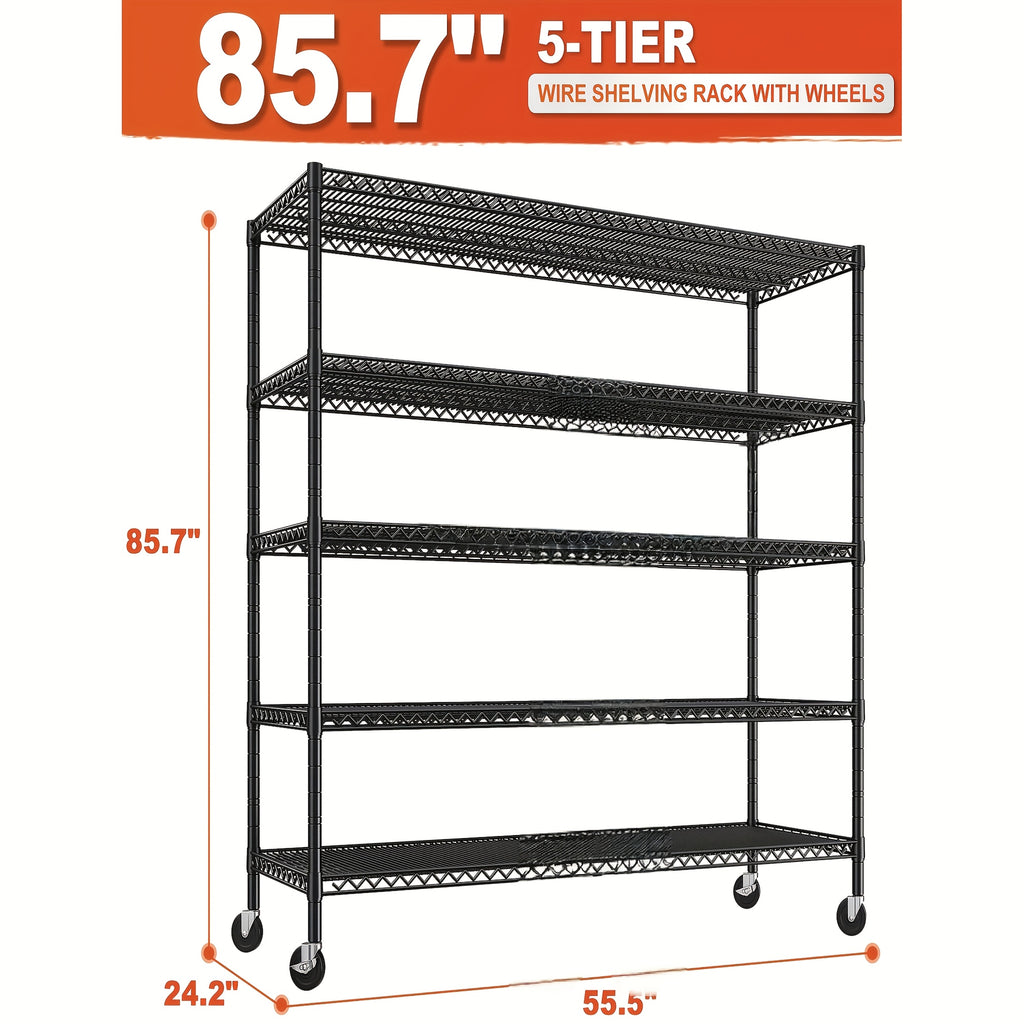 Heavy Duty Metal Wire Shelving Unit with Wheels & Feet – 5-Tier Adjustable Garage Shelf, 2399–2998 LBS Capacity, 55.5"W, for Pantry, Kitchen, Garage, Warehouse & Commercial Storage