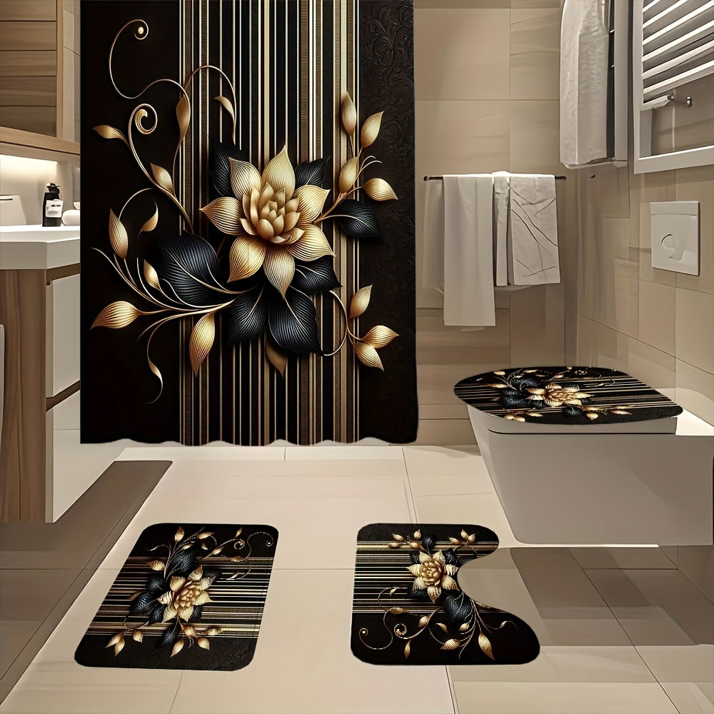 Black Gold Floral Shower Curtain Set 4 Piece with Hooks Anti-Slip Bath Rug Toilet Lid Cover & U-Shaped Mat – 71x71 Inch Luxury Bathroom Decor