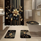 Black Gold Floral Shower Curtain Set 4 Piece with Hooks Anti-Slip Bath Rug Toilet Lid Cover & U-Shaped Mat – 71x71 Inch Luxury Bathroom Decor