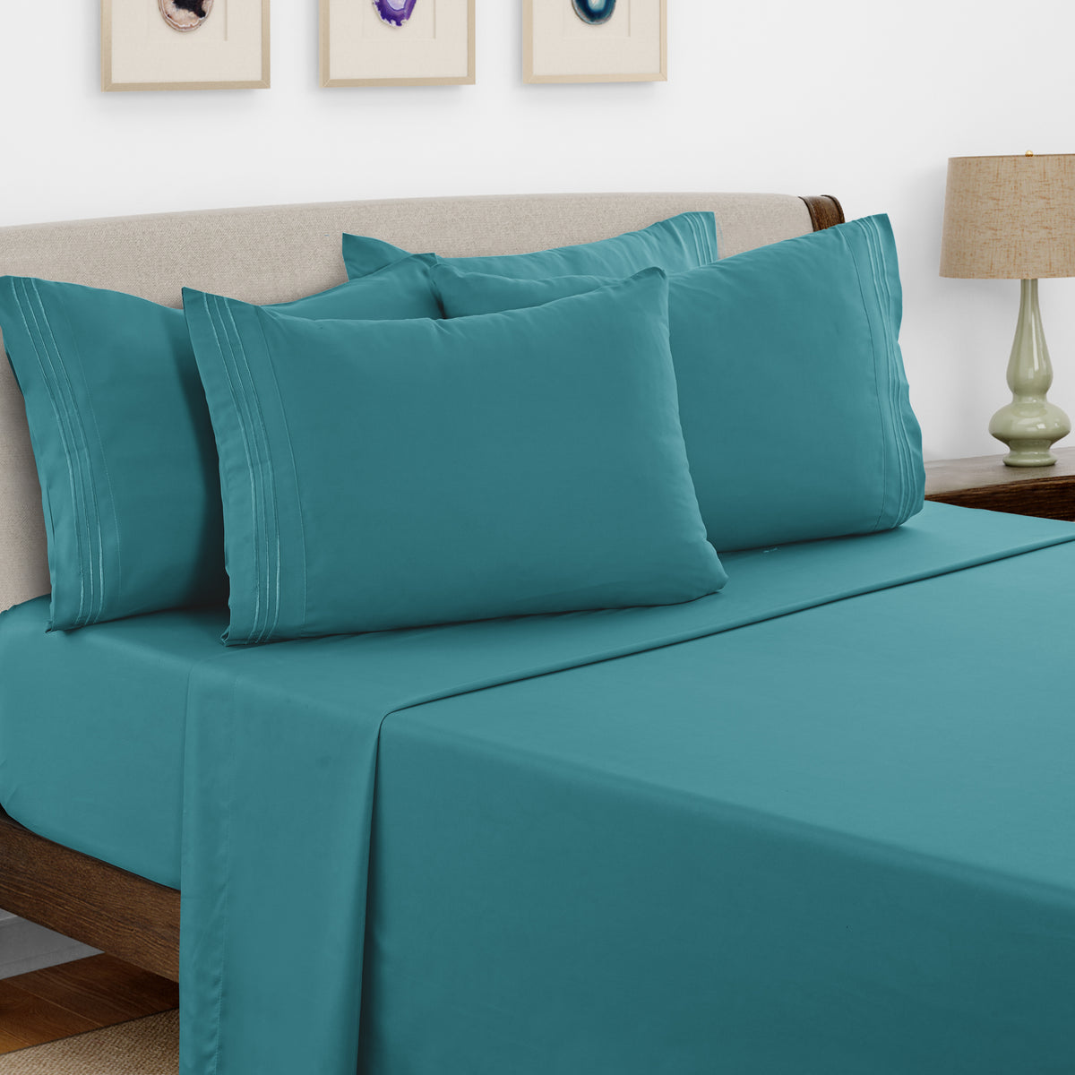 Brushed Microfiber Bed Sheet Set 6 Piece with Embroidered Pillowcases - Hotel Luxury Deep Pocket 16 Inch, Soft Breathable All Season, 24 Colors, Twin Twin XL Full Queen King Cal King