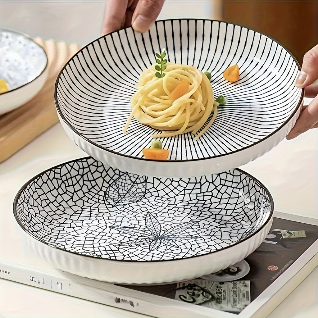 4-Piece Japanese Style Ceramic Plate Set 7 Inch Deep Round Serving Plates Nordic Floral Underglaze Non-Slip Edge for Steak Salad Home Kitchen