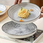 4-Piece Japanese Style Ceramic Plate Set 7 Inch Deep Round Serving Plates Nordic Floral Underglaze Non-Slip Edge for Steak Salad Home Kitchen