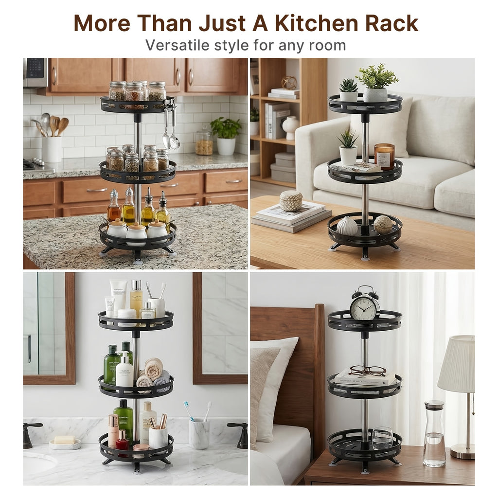 3 Tier Rotating Spice Rack Organizer Metal Turntable for Kitchen Countertop - Spinning Spice Jar Seasoning Storage Rack Black