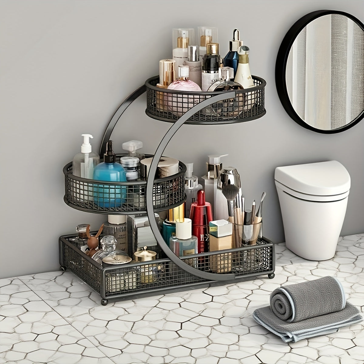3-Tier Metal Makeup & Cosmetic Storage Rack, No-Install Countertop Organizer for Vanity, Dressing Table & Bathroom — Modern Tabletop Display Shelf, White & Dark