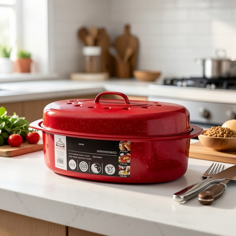 Oval Enamel Dutch Oven with Lid - Heavy Duty Cast Iron Roasting Pan for Turkey, Chicken, Meat & Vegetables, Stewing, Baking & Soup Making, Red, Perfect Christmas Holiday Gift