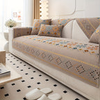 Embroidered Chenille Sofa Slipcover Bohemian Geometric Floral Pattern | Non-Slip Machine Washable Couch Cover for 1-2-3-4 Seater with Armrest & Pillow Cover Options, 6 Colors