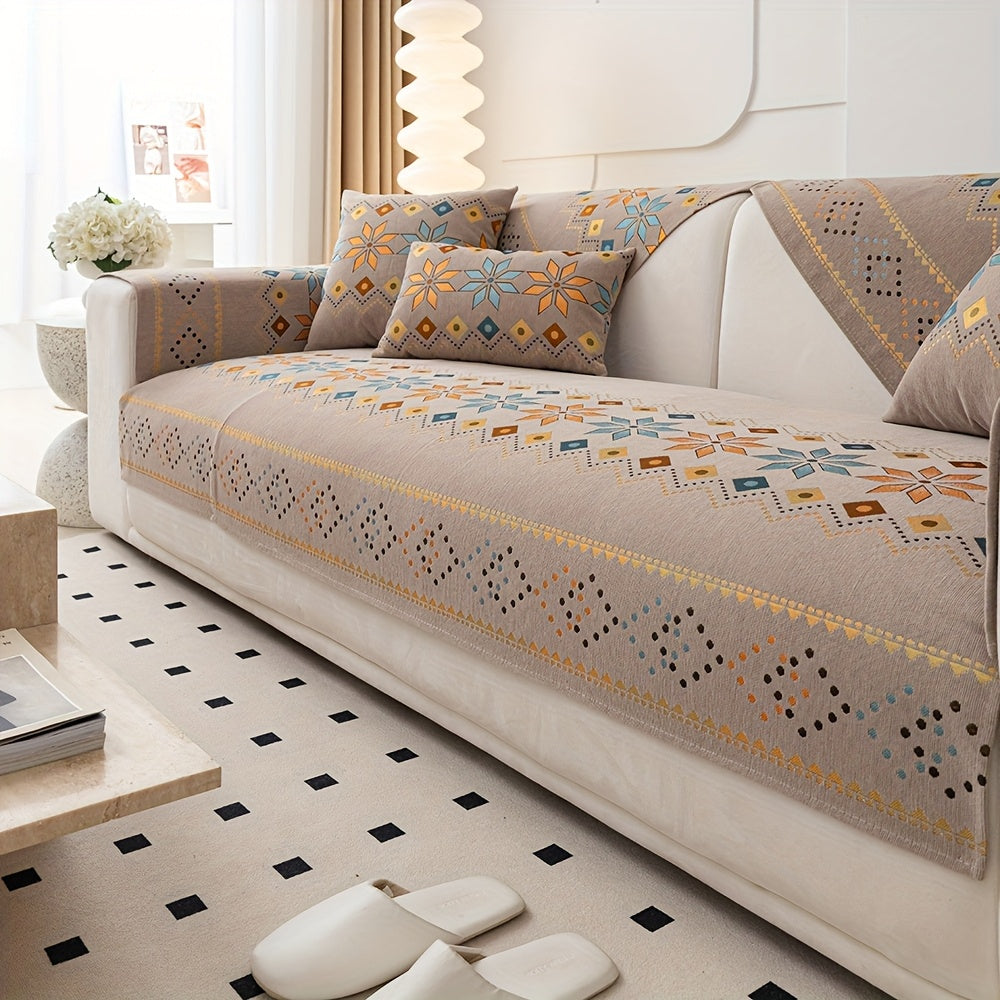 Embroidered Chenille Sofa Slipcover Bohemian Geometric Floral Pattern | Non-Slip Machine Washable Couch Cover for 1-2-3-4 Seater with Armrest & Pillow Cover Options, 6 Colors