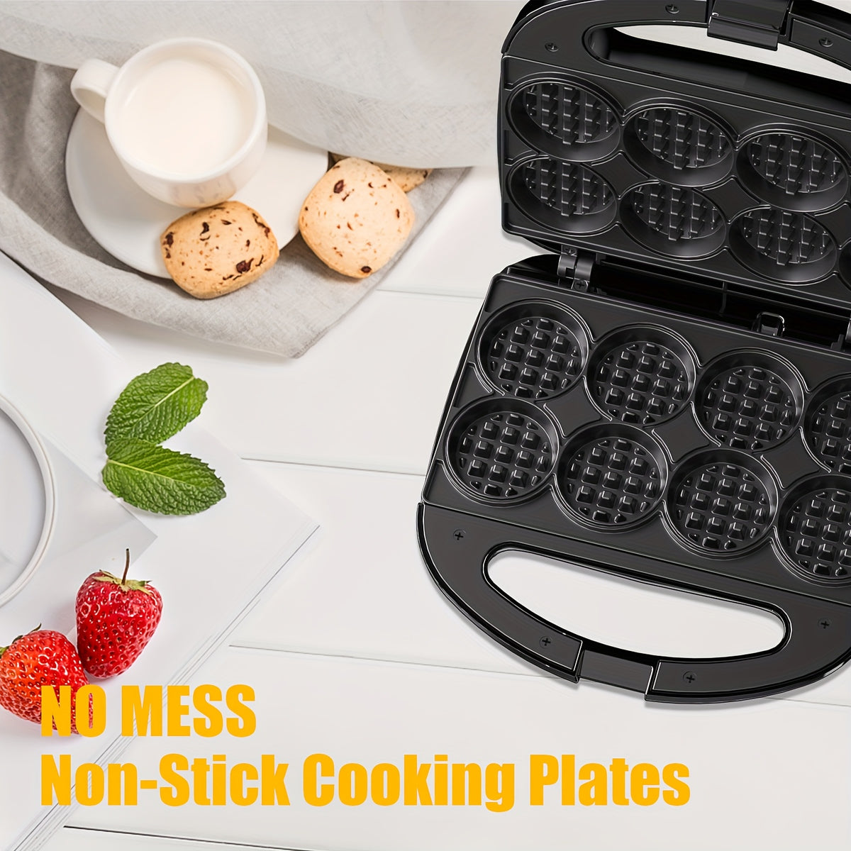 Mini Waffle Maker Makes 8 Bite-Size 2-Inch Waffles Dual Non-Stick Plates Cool Touch Handle Compact Family Breakfast Maker