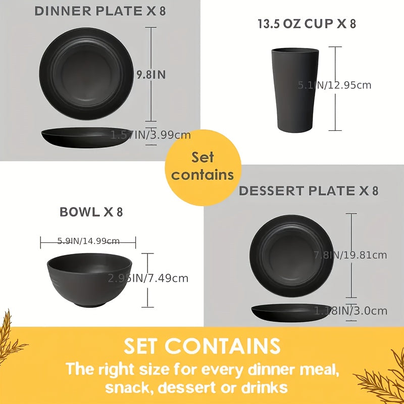 32-Piece Wheat Straw Dinnerware Set for 8 – Unbreakable Plastic Plates, Dessert Plates, Bowls & Cups for Outdoor Camping, Halloween & Weddings – Colorful, BPA-Free Tableware