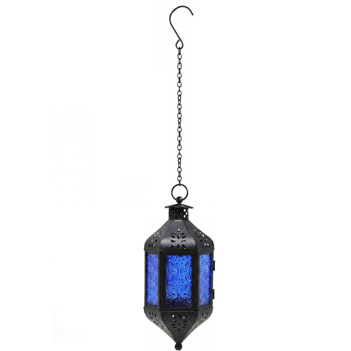 Moroccan Hanging Candle Lantern with Chain – Vintage Boho Style Iron & Glass Tealight Holder for Home, Patio, Garden, Wedding & Ramadan Decor (23.5" Overall)