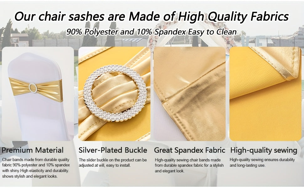 Metallic Spandex Chair Sashes Bow Bands 100pcs – Sparkle Lycra Stretch Chair Ties with Buckle for Wedding, Banquet & Party Decor | Gold, Silver, Rose Gold