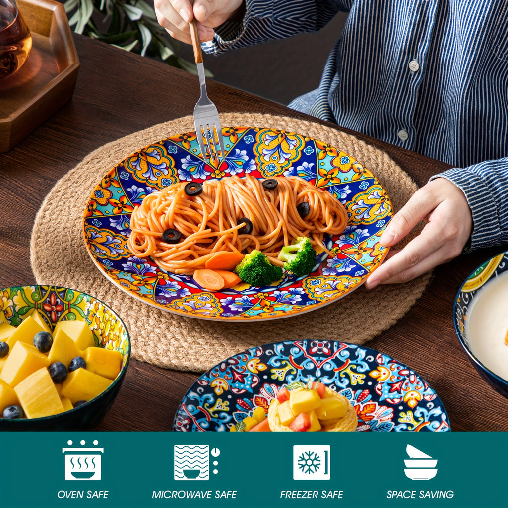 Bohemian Ceramic Dinnerware Set 16 or 24 Piece Stoneware Plates Bowls Tableware Colorful Floral Service for 4 or 6