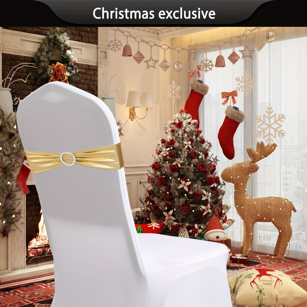 Metallic Spandex Chair Sashes Bow Bands 100pcs – Sparkle Lycra Stretch Chair Ties with Buckle for Wedding, Banquet & Party Decor | Gold, Silver, Rose Gold
