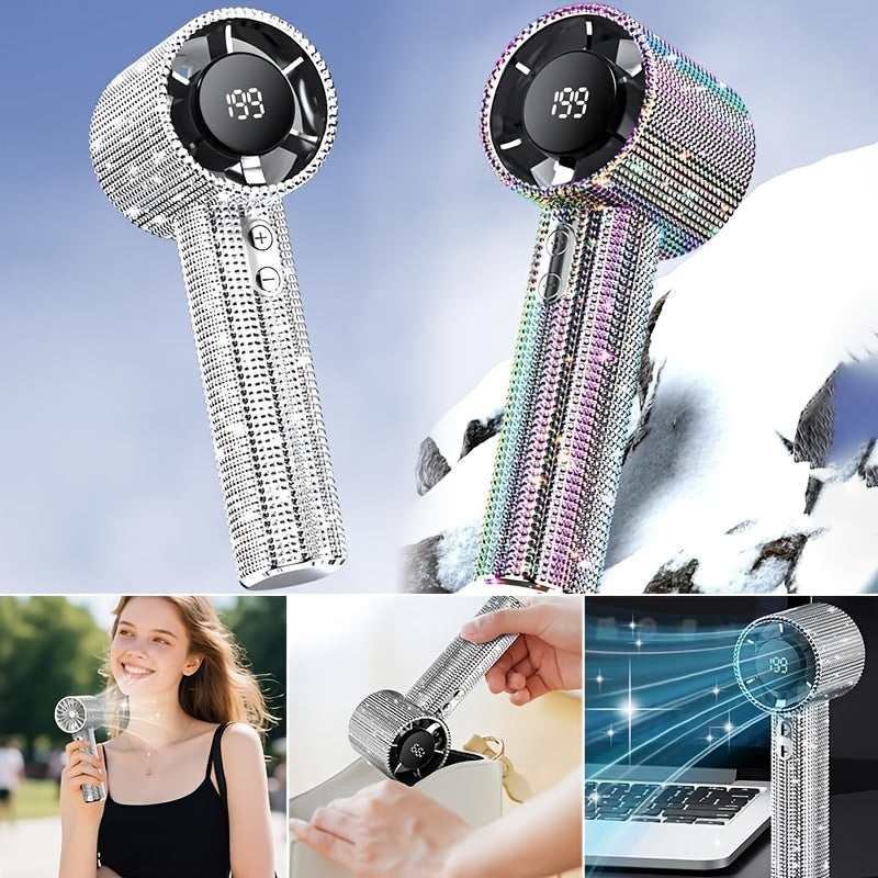 Luxury Diamond Handheld Mini Fan USB Rechargeable 199-Speed Portable Turbo Fan – Personal Cooling for Travel, Office, Outdoor, Camping & Home Summer Use