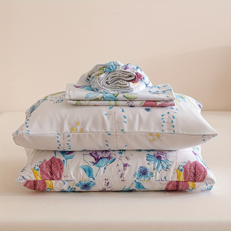 Floral Sheet Set 4 Piece – Fresh Natural Flower Plant Print Fitted Sheet Flat Sheet 2 Pillowcases, Soft Breathable All-Season Bedding for Bedroom & Dorm