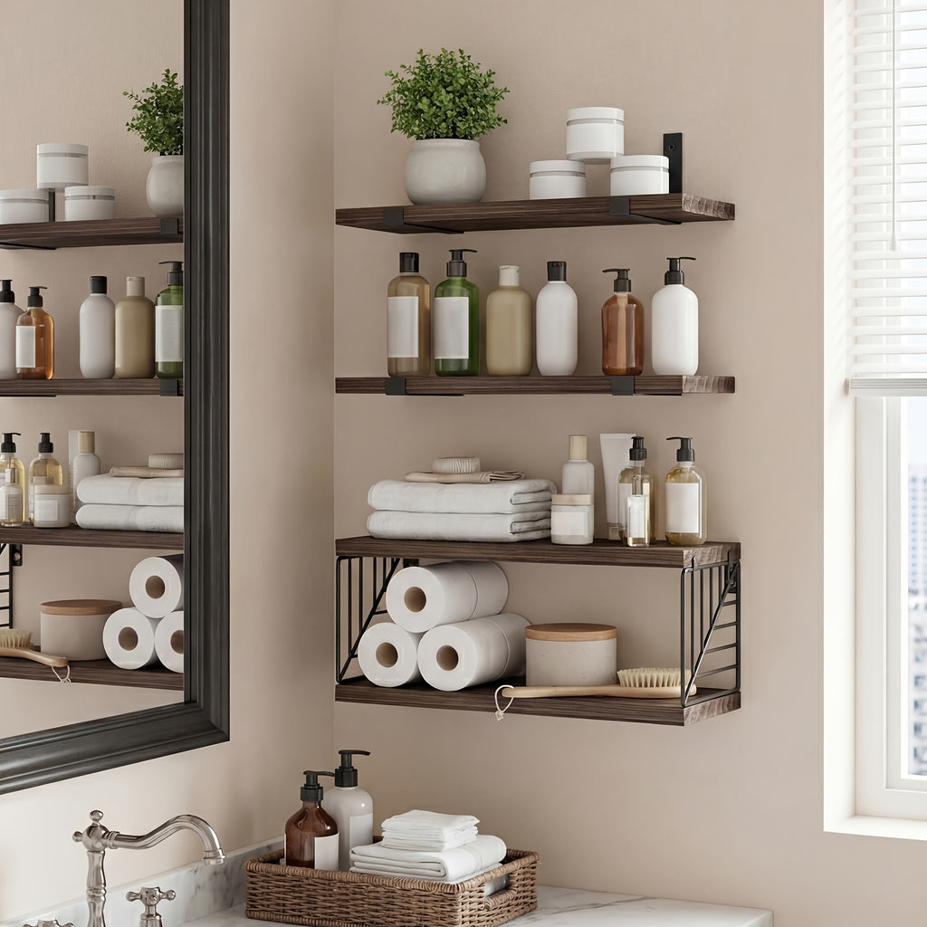 Vintage Wooden Floating Shelves Set of 3 with Guardrail – Wall Mounted Display & Storage Rack for Bedroom, Living Room, Bathroom & Kitchen – Rustic Wood Wall Shelf Multi-Functional Decor