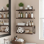 Vintage Wooden Floating Shelves Set of 3 with Guardrail – Wall Mounted Display & Storage Rack for Bedroom, Living Room, Bathroom & Kitchen – Rustic Wood Wall Shelf Multi-Functional Decor