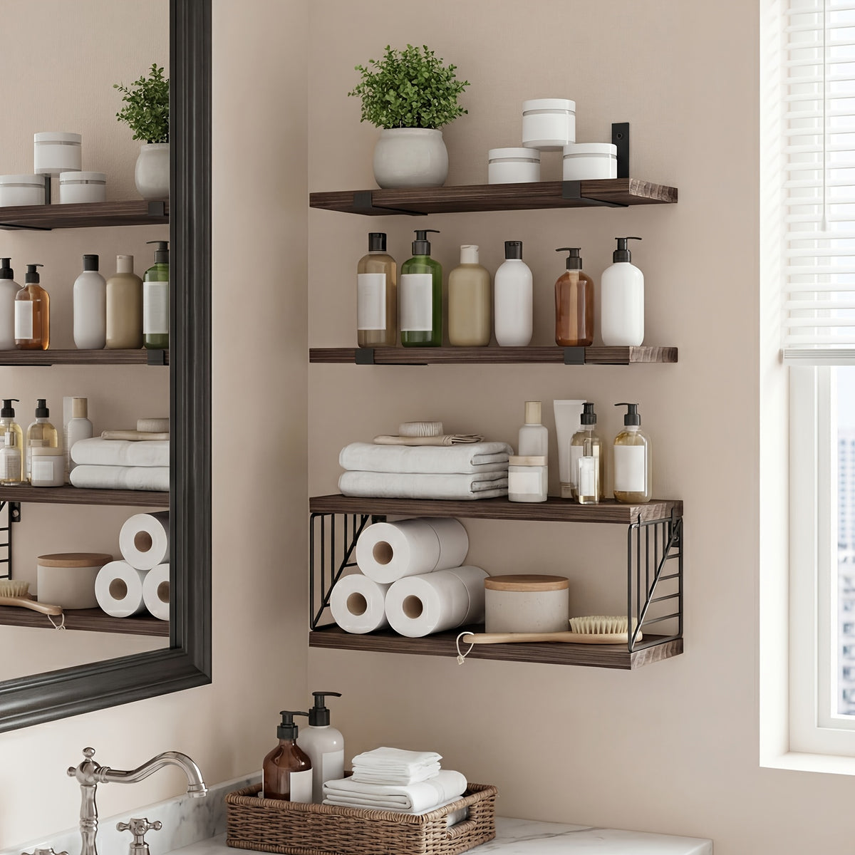 Vintage Wooden Floating Shelves Set of 3 with Guardrail – Wall Mounted Display & Storage Rack for Bedroom, Living Room, Bathroom & Kitchen – Rustic Wood Wall Shelf Multi-Functional Decor