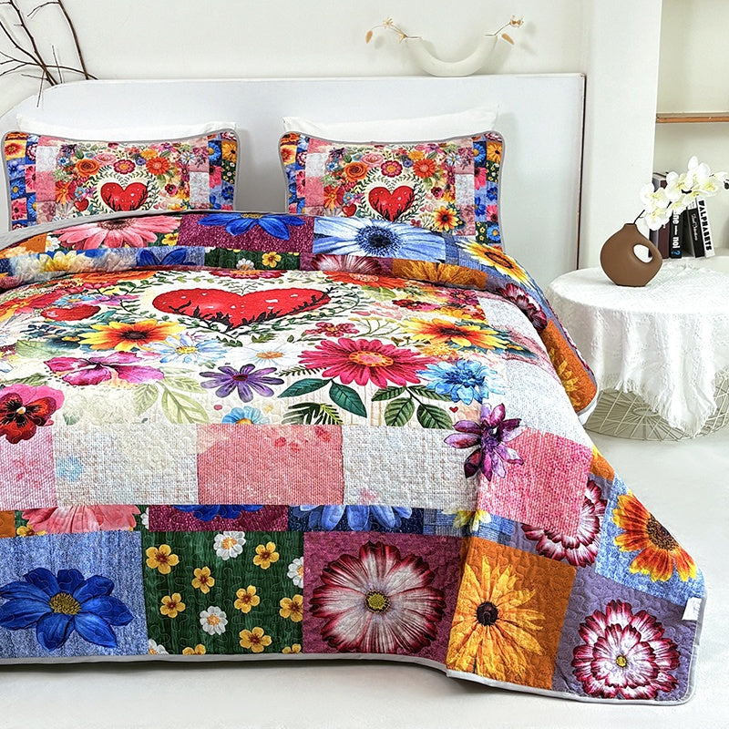 Floral Quilt Set 2 or 3 Piece – Colorful Flowers & Plants Quilted Bedspread with Pillowcases, Soft Breathable Hypoallergenic Machine Washable Bed Cover Twin Queen King