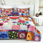 Floral Quilt Set 2 or 3 Piece – Colorful Flowers & Plants Quilted Bedspread with Pillowcases, Soft Breathable Hypoallergenic Machine Washable Bed Cover Twin Queen King