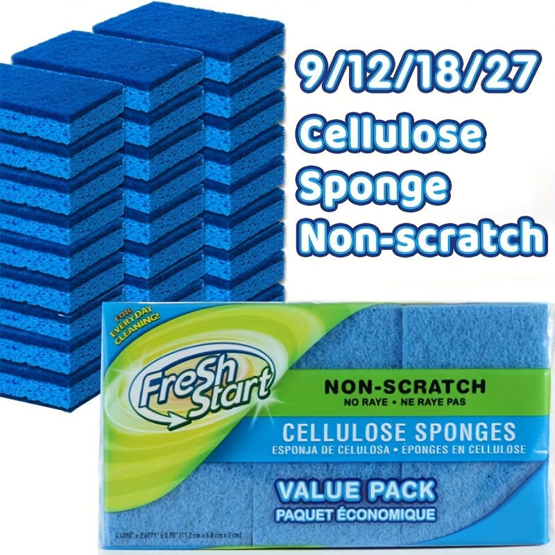 Cellulose Sponges Non-Scratch Dual-Sided with Scouring Pad Bulk Pack 12 18 or 27 Count for Dishes Kitchen Bathroom Glass Non-Stick Cookware