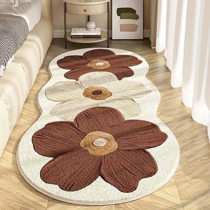 Luxury Soft Plush Floral Mat – 10mm Thick Non-Slip Machine Washable Decorative Rug for Bedside, Living Room, Corridor, Study & Cloakroom, Navy Blue & Brown, 4 Styles