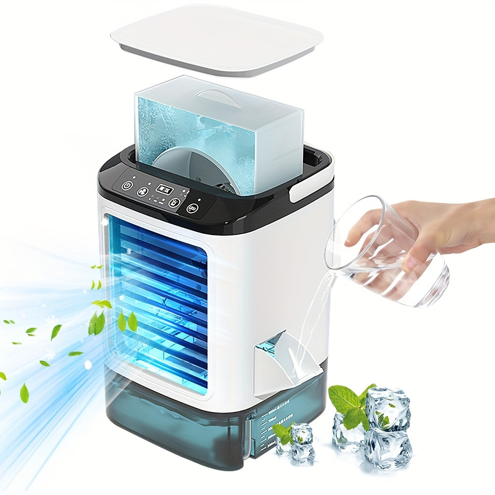 Fan Humidifier Combo USB Desk Mist Fan with Colorful LED Mood Lights Soundwave Technology 3-Speed Quiet Cooling Large Ice Box Carrying Handle Home Office Bedroom Gift