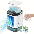 Fan Humidifier Combo USB Desk Mist Fan with Colorful LED Mood Lights Soundwave Technology 3-Speed Quiet Cooling Large Ice Box Carrying Handle Home Office Bedroom Gift