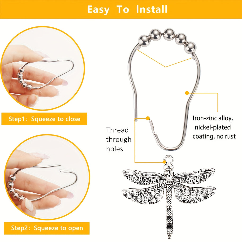 Dragonfly Shower Curtain Hooks Set of 12 – Decorative Metal Anti-Rust Spring Insect Theme Ball Sliding Easy Install Bathroom Rings, Silver or Black