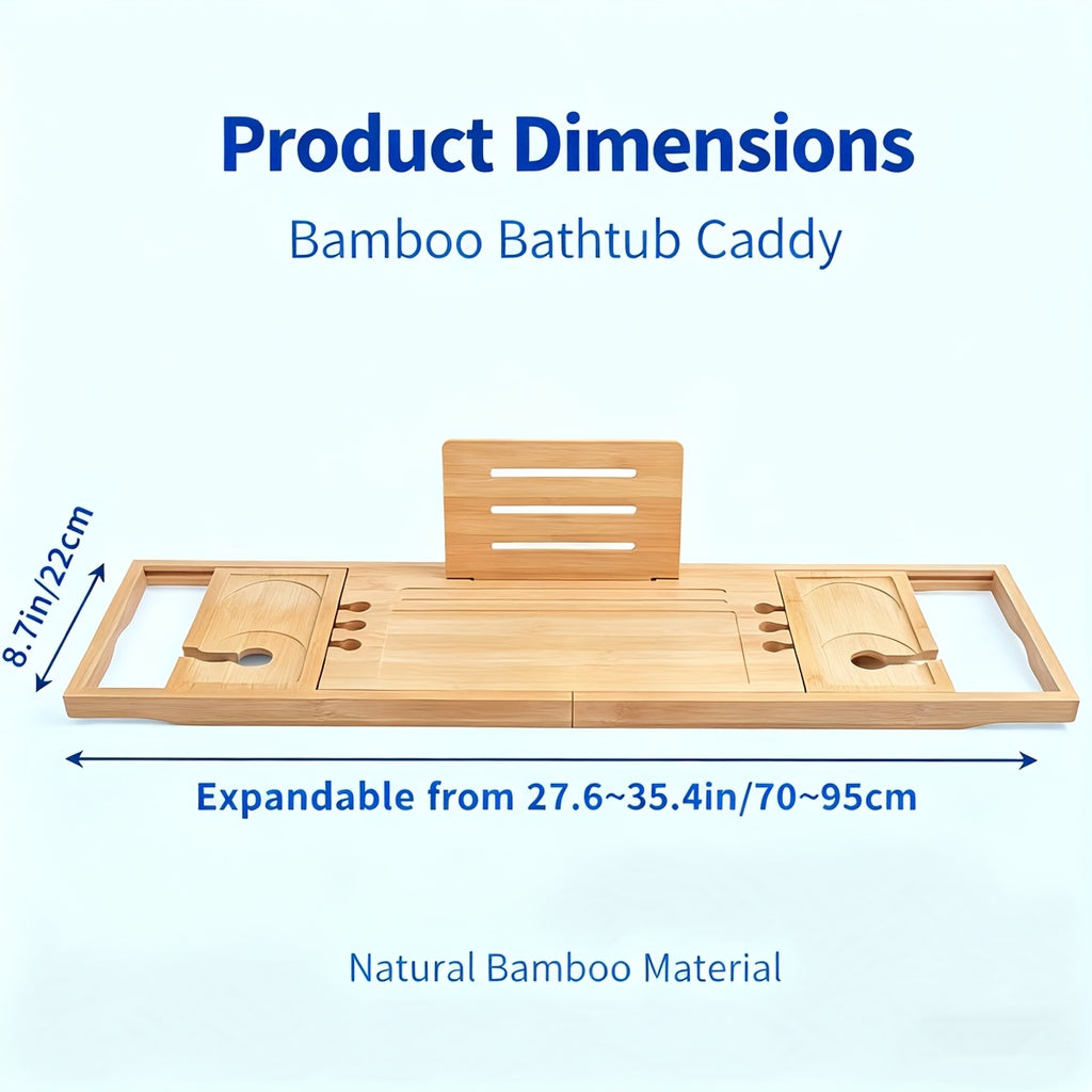Bamboo Bathtub Caddy Tray Adjustable 27.6–35.4 Inch with Multi-Slot Organizer & Device Holder, Retractable Bath Shelf for Phone, Tablet, Book, Wine & Toiletries — Spa Bath Accessory, Wood Color