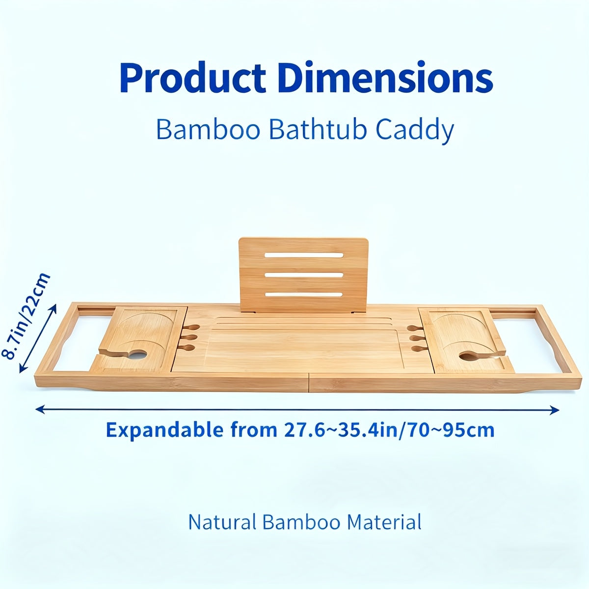 Bamboo Bathtub Caddy Tray Adjustable 27.6–35.4 Inch with Multi-Slot Organizer & Device Holder, Retractable Bath Shelf for Phone, Tablet, Book, Wine & Toiletries — Spa Bath Accessory, Wood Color