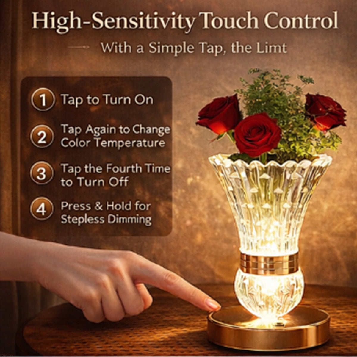 Crystal Table Lamp 2-in-1 Vase & Ambient Light USB Rechargeable Cordless Dimmable Touch Control 3 Color Modes - Bedside Nightstand Desk Lamp for Bedroom Living Room Home Office Decor