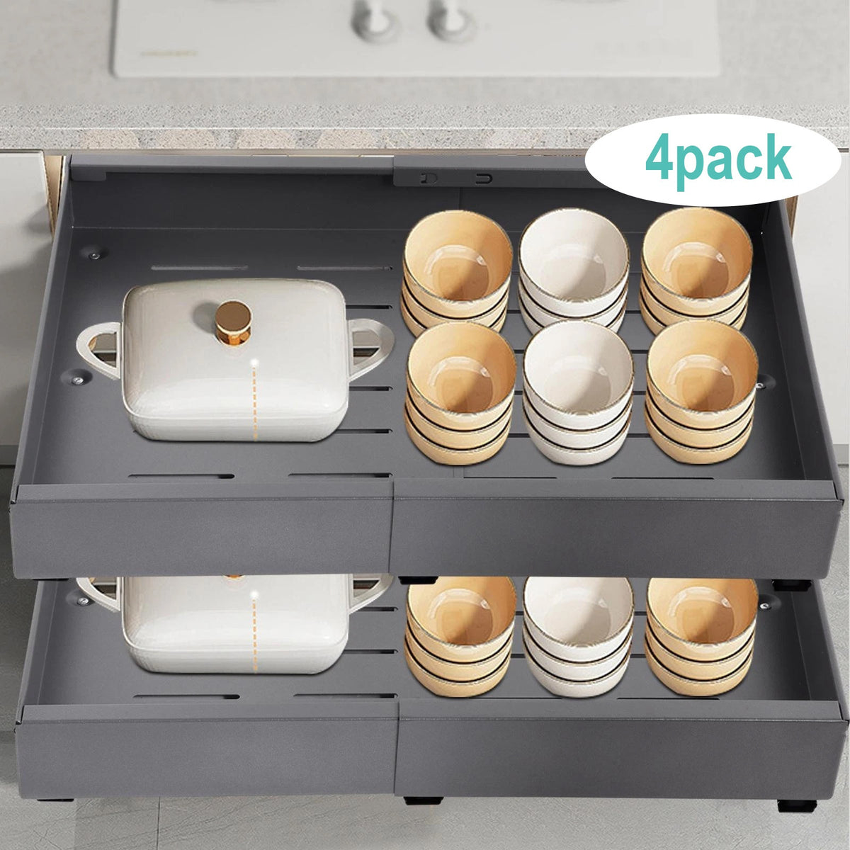 Pull Out Cabinet Organizer Shelf – Expandable Sliding Storage Drawer, Heavy Duty Carbon Steel, No Drill Under Sink Basket for Kitchen, Bathroom & Laundry, 2/4/6 Pack