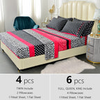 Patchwork Printed Microfiber Bed Sheet Set 4 or 6pcs – 14 Inch Deep Pocket Breathable Wrinkle Resistant, Twin Full Queen King, 3 Bold Colors
