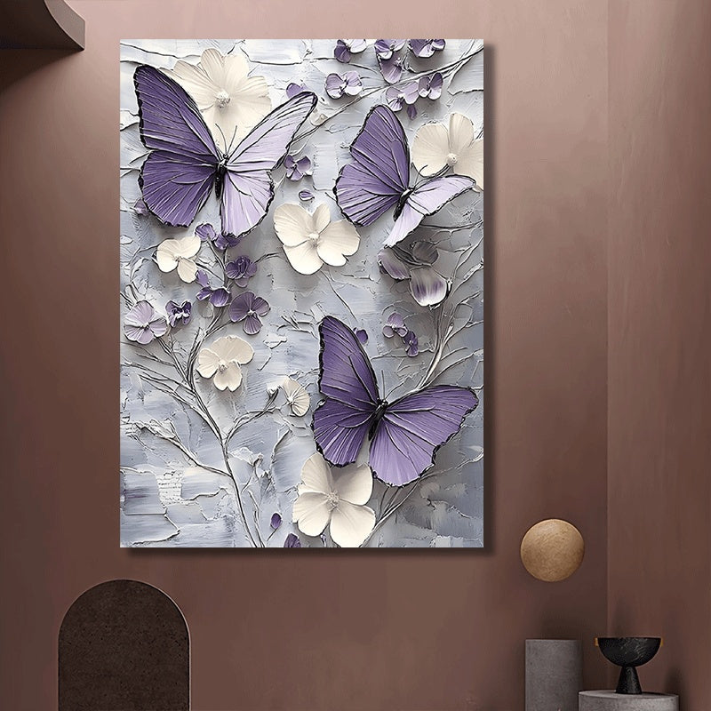 Elegant Butterfly Floral Canvas Wall Art – Wooden Framed Large Print, Rustic Farmhouse Style, Purple & White Floral Design on Grey Background, Perfect for Wedding, Bridal Shower, Living Room & Home Decor