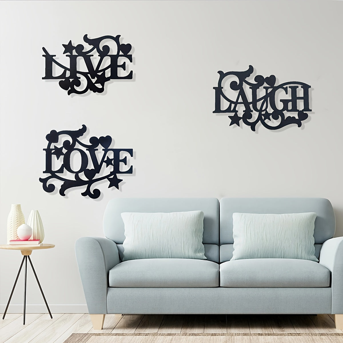 3-Piece Metal Wall Art Set – Love Life Laughter Letter Sign Silhouette | Modern Elegant Black Wall Decor for Living Room, Bedroom & Kitchen | Stylish Home Art Decoration