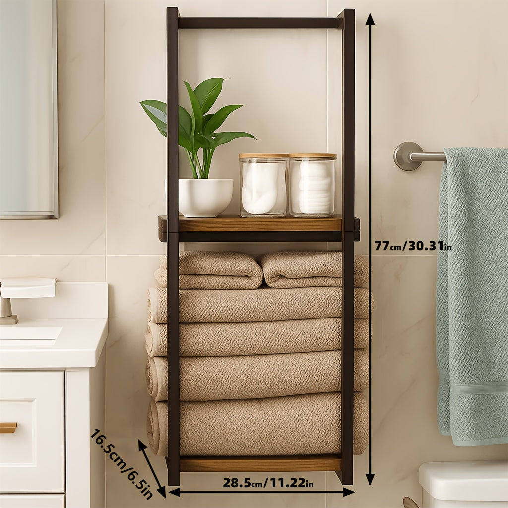 Double Layer Wall Mounted Towel Rack – French Countryside Style Iron Bathroom Storage Rack for Towels & Toiletries, Sturdy Walnut Black Metal Organizer, 1 or 2 Piece Set