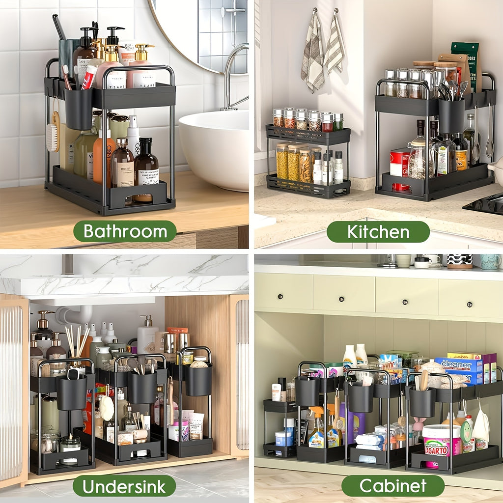 Under Sink Organizer 4-Piece Adjustable Multi-Layer Storage Rack – Metal & Plastic Cabinet Shelf with Hanging Cups & Hooks for Kitchen Bathroom Spice Rack Space-Saving