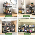 Under Sink Organizer 4-Piece Adjustable Multi-Layer Storage Rack – Metal & Plastic Cabinet Shelf with Hanging Cups & Hooks for Kitchen Bathroom Spice Rack Space-Saving