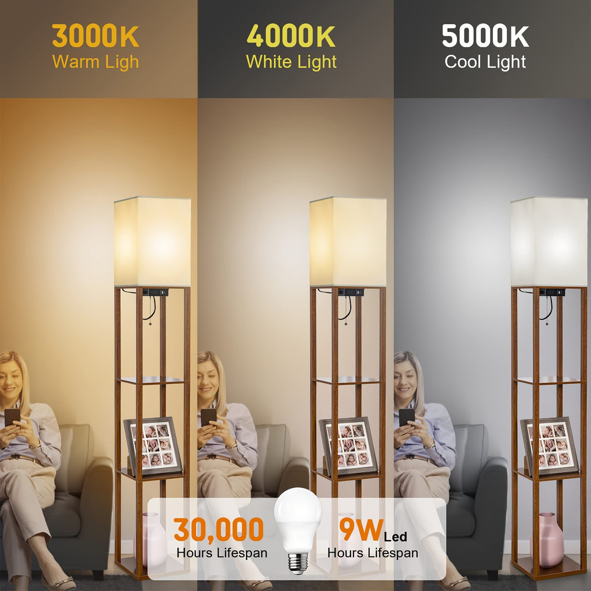 Floor Lamp with Shelves USB & Type-C Charging Port – Modern Column Standing Lamp with 9W LED Bulb, 3 Color Temperatures, AC Power Outlet for Living Room Bedroom Office
