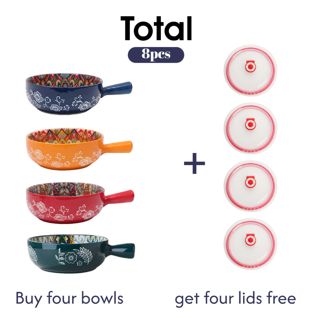Bohemian Noodle Bowl Set with Lids Microwave Dishwasher & Oven Safe – Ceramic Soup Salad Fruit Meal Prep Bowls for Home, Office & Travel – 4 or 8 Piece