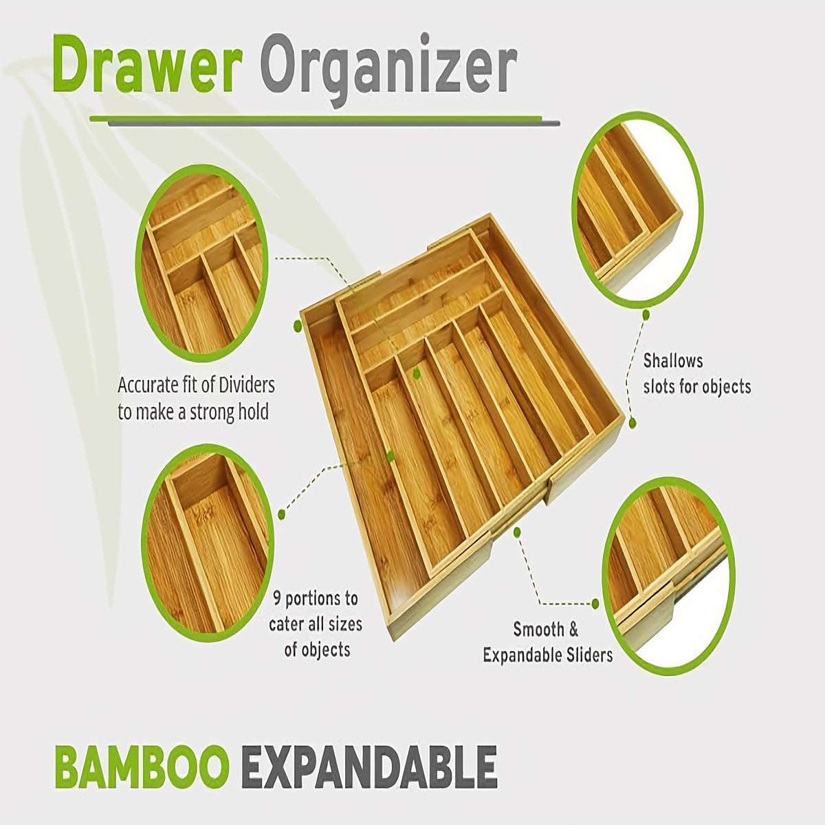 Bamboo Expandable Kitchen Drawer Organizer – 9-Compartment Adjustable Utensil Tray for Silverware, Forks, Spoons & Knives