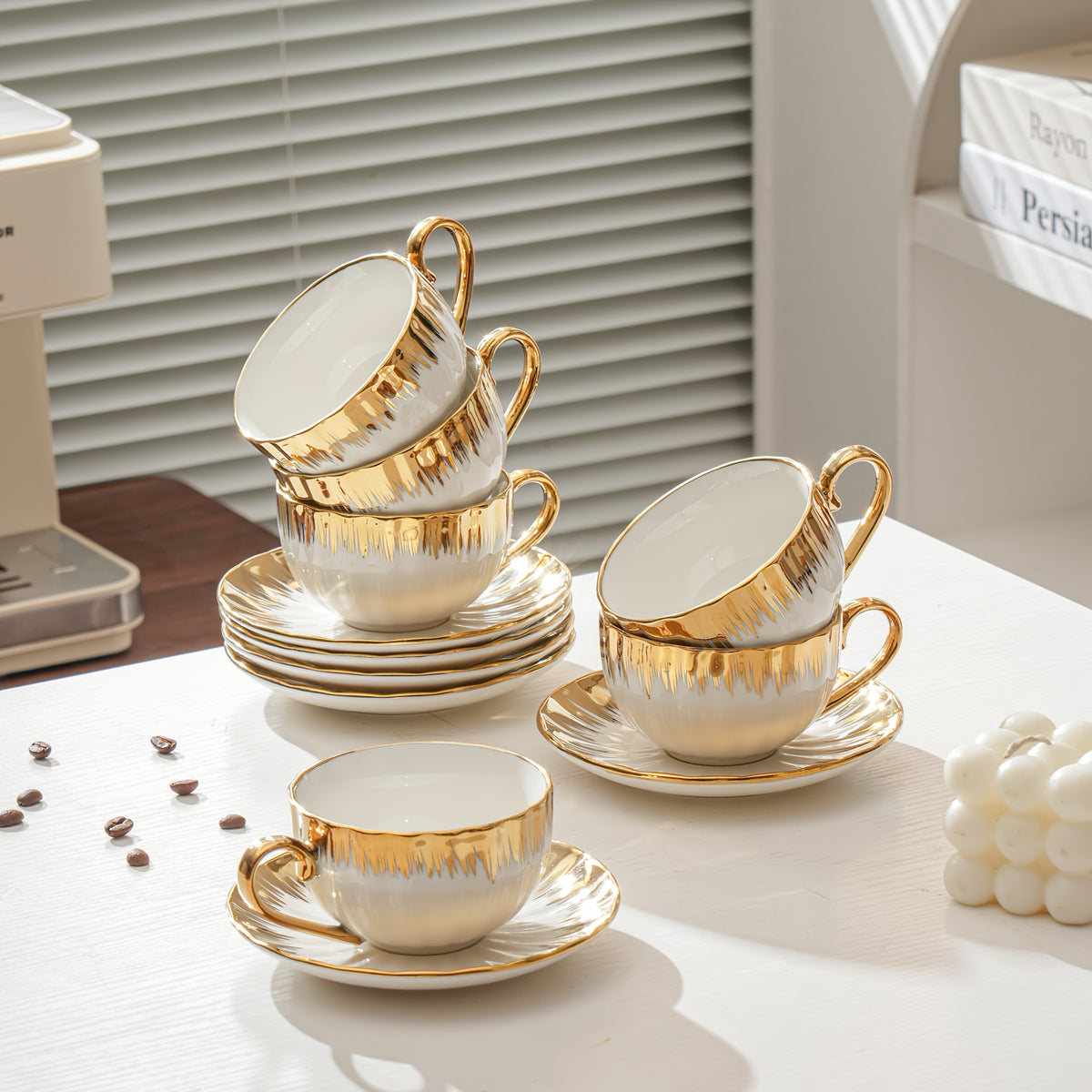 Ceramic Coffee Cup and Saucer Set of 6 – European Light Luxury 8.45oz Porcelain Tea Cups with Plates | Elegant Dinnerware for Home, Wedding & Holiday Gifting