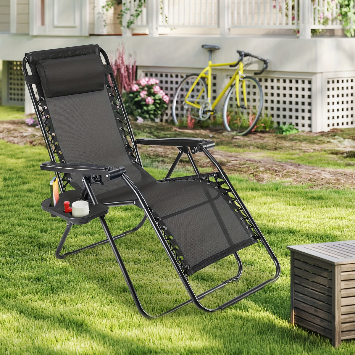 Zero Gravity Recliner Chair Outdoor Folding Lounge Chair 2 Pack – Beach Camping Patio Chair with Cup Holder, Adjustable Pillow for Poolside, Backyard & Lawn | Black, Blue