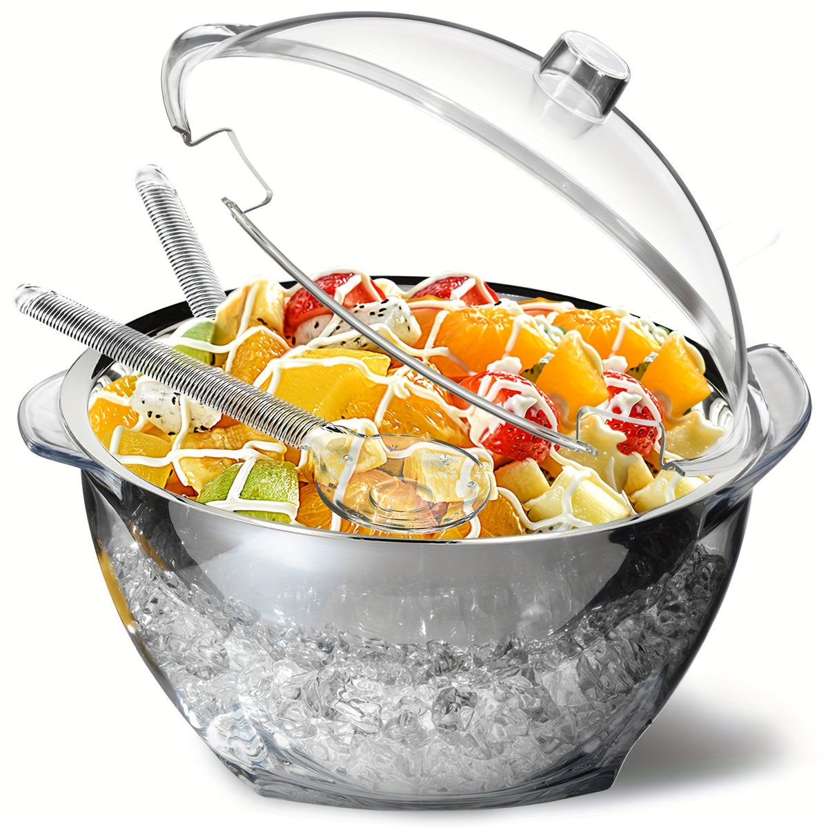 Large Salad Bowl Set with Ice Chiller Base Lid & 2 Serving Spoons – Clear Refrigerated Veggie Tray for Parties Buffets & Holiday Entertaining | BPA-Free Party Platter