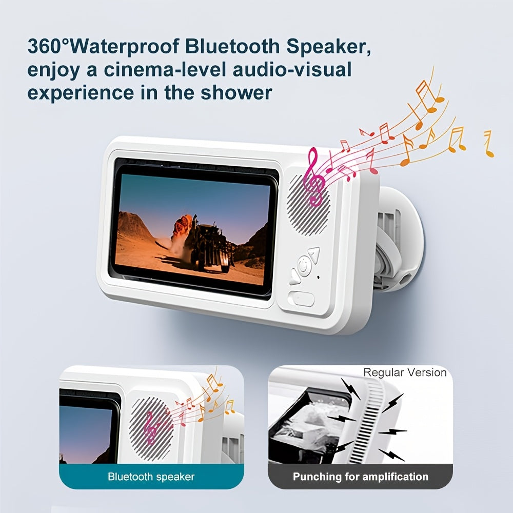 Shower Phone Holder 360 Degree Rotating Waterproof Wall Mount with Wireless Bluetooth Speaker IPX5 Rated for Bathroom Tub Kitchen Mirror Compatible with 4-6.8 Inch Phones Black White Pink