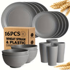 16 or 32pcs Wheat Straw Dinnerware Set Plates and Bowls Microwave Dishwasher Safe Durable Plastic Tableware for 8 – Party Gifts Multiple Colors