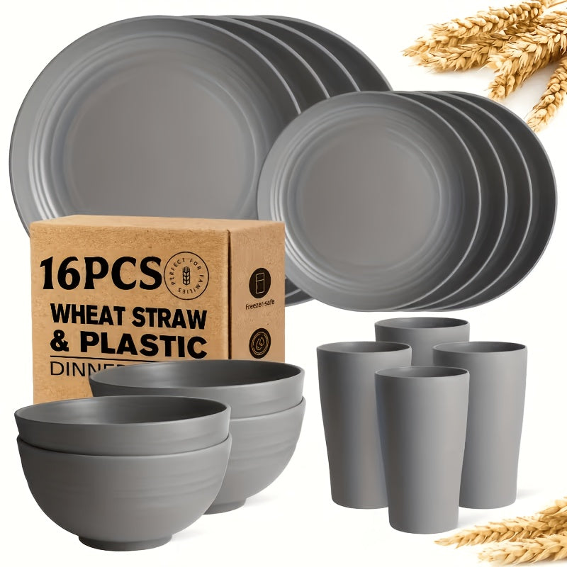 16 or 32pcs Wheat Straw Dinnerware Set Plates and Bowls Microwave Dishwasher Safe Durable Plastic Tableware for 8 – Party Gifts Multiple Colors