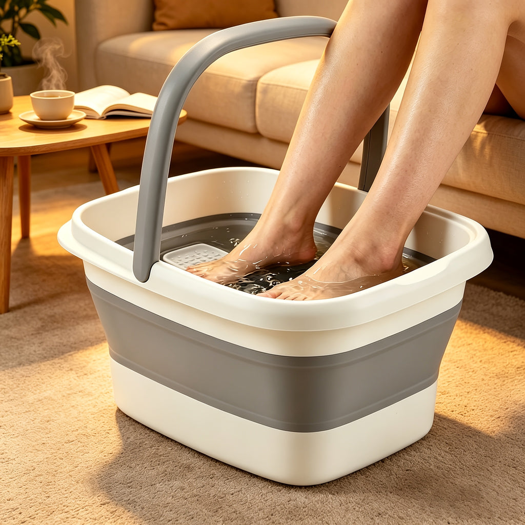 Collapsible Foot Bath Basin for Soaking Feet - Foot Soak Tub with Handles & Massage Acupoints, 3.96 Gal Foldable Plastic Foot Bucket for Pedicure & Home Spa Relief - Green, Grey, Pink & Yellow